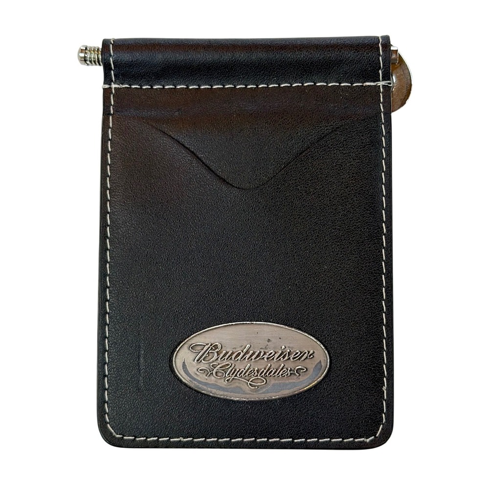 Budweiser Money Clip Wallet Black Leather Bifold Silver Clydesdales Logo‎ VTG